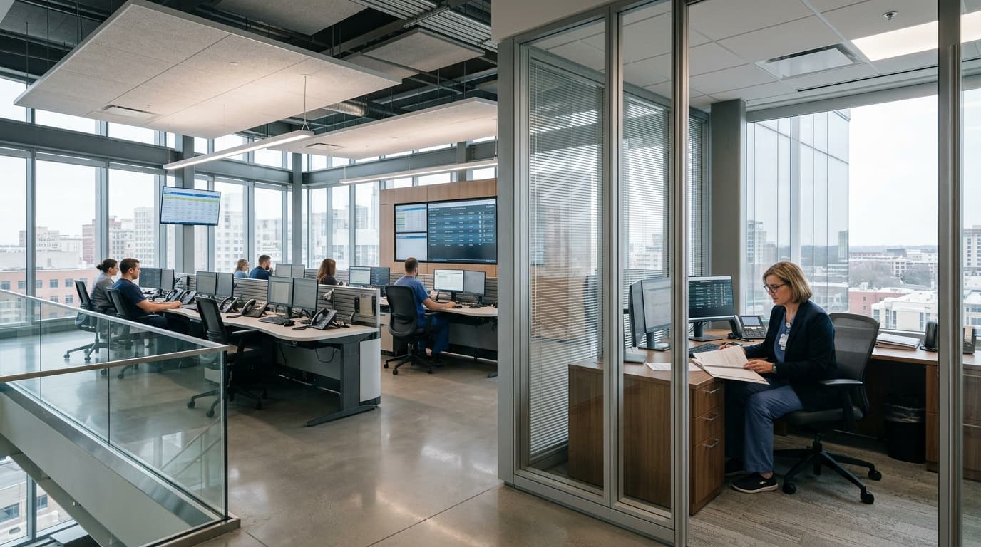 Hospital administrative operations center and medical director coordination workspace